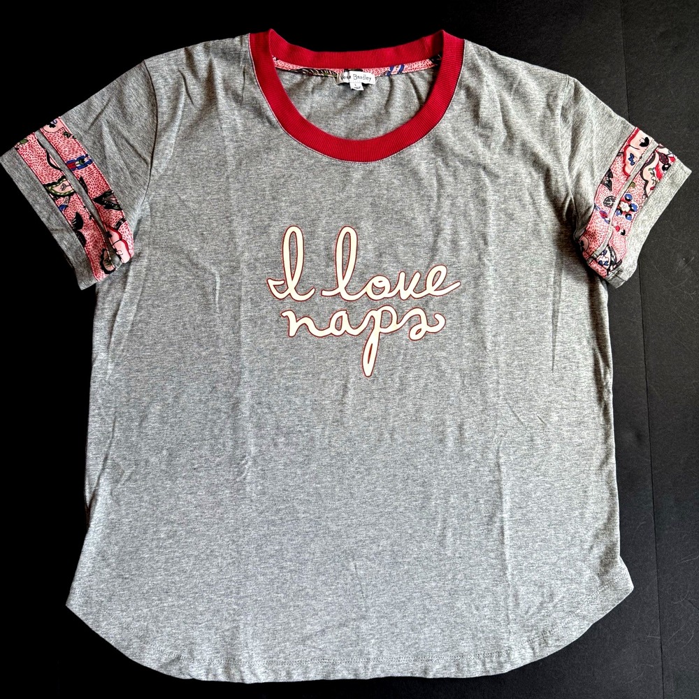 Vera Bradley Floral Pajama T Shirt Top Women L 12 14 Stitched Flower Pink Gray